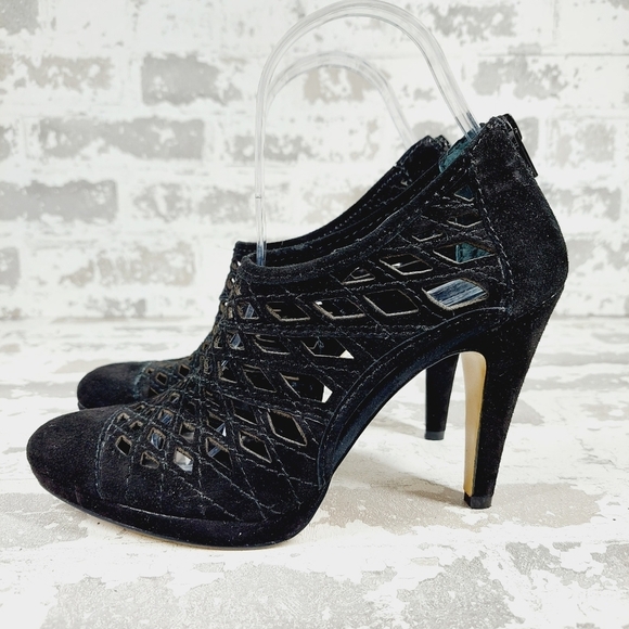 Nine West Shoes - NEW Nine West Black Suede Laser Cut Back Zip High Heeled Booties F725